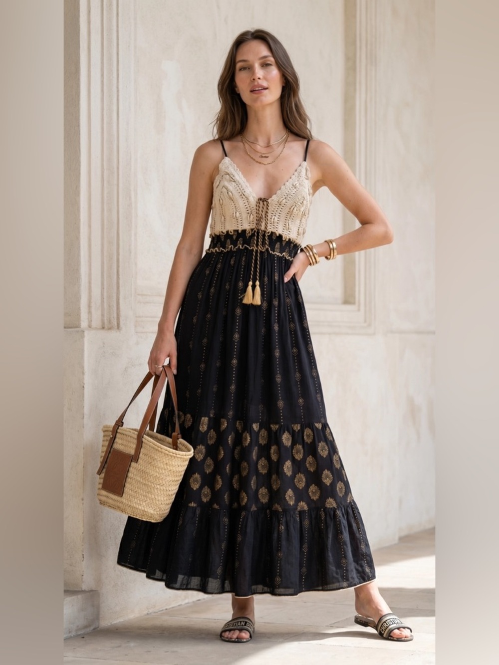 Sleeveless Black & Cream Maxi Dress with Tassel Tie